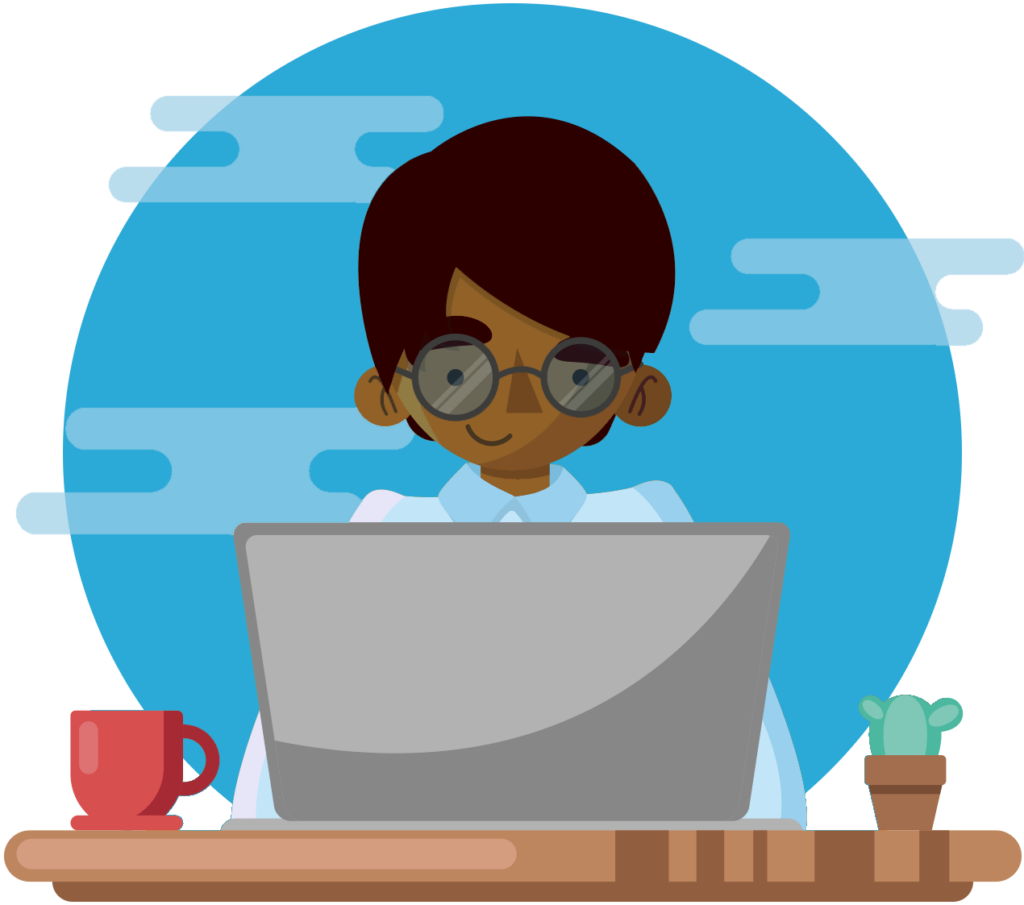 An illustration of a person wearing glasses using a laptop